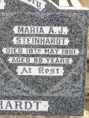 August H. STEINHARDT,
died 17 July 1951 aged 84 years;
Maria A.J. STEINHARDT,
died 18 May 1961 aged 89 years;
August W. STEINHARDT,
died 10? August 1952 aged 63 years;
Ropeley Immanuel Lutheran cemetery, Gatton Shire