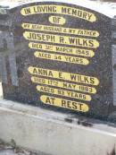 Joseph R. WILKS, husband father,
died 31 March 1949 aged 54 years;
Anna E. WILKS,
died 17 May 1983 aged 83 years;
Ropeley Immanuel Lutheran cemetery, Gatton Shire