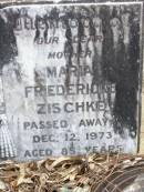 Wilhelm Heinrick ZISCHKE,
husband father,
died 9 Aug 1960 aged 76 years;
Maria Friedericke ZISCHKE, mother,
died 12 Dec 1973 aged 85 years;
Ropeley Immanuel Lutheran cemetery, Gatton Shire
