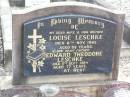 Louise LESCHKE, wife mother,
died 8 Nov 1962 aged 53 years;
Edward Theodore LESCHKE, father,
died 5 Sept 1984 aged 77 years;
Ropeley Immanuel Lutheran cemetery, Gatton Shire