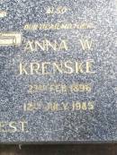Otto A.C. KRENSKE, husband father,
6 May 1893 - 28 Aug 1969;
Anna W. KRENSKE, mother,
23 Feb 1896 - 12 July 1985;
Ropeley Immanuel Lutheran cemetery, Gatton Shire
