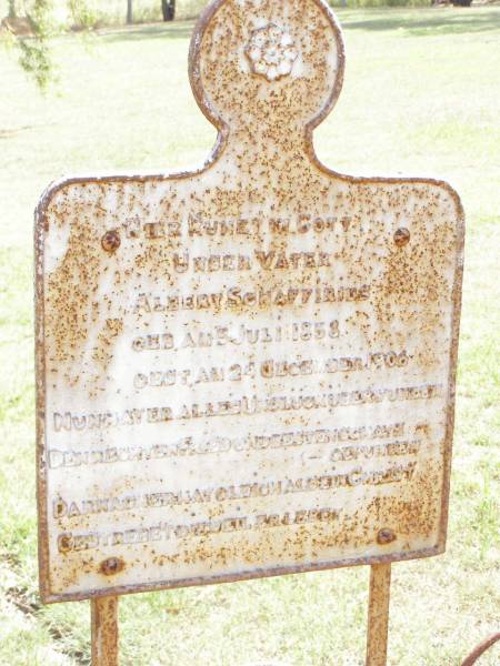 Max Leo Paul SCHAFFIRIUS, son,  | born 10 Jan 1887 died 7 Jan 1906;  | Albert SCHAFFIRIUS, father,  | born 6 July 1858 died 24 Dec 1906;  | Ropeley Immanuel Lutheran cemetery, Gatton Shire  |
