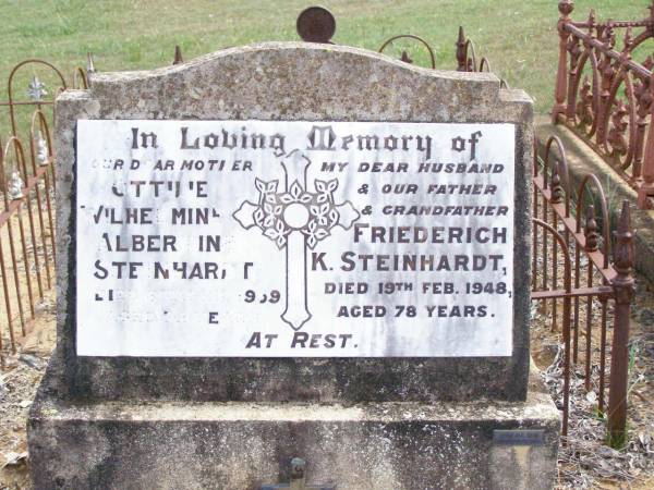 Ottilie Wilhelmine Albertine STEINHARDT, mother,  | died 6 April 1959 aged 78 years;  | Friederich K. STEINHARDT,  | husband father grandfather,  | died 19 Feb 1948 aged 78 years;  | August H.H. TILLACK, husband,  | born 2 May 1869 died 21 Oct 1913;  | Ropeley Immanuel Lutheran cemetery, Gatton Shire  |