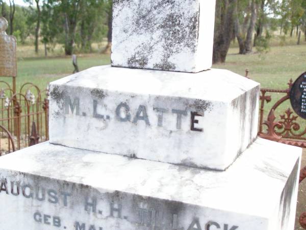 Ottilie Wilhelmine Albertine STEINHARDT, mother,  | died 6 April 1959 aged 78 years;  | Friederich K. STEINHARDT,  | husband father grandfather,  | died 19 Feb 1948 aged 78 years;  | August H.H. TILLACK, husband,  | born 2 May 1869 died 21 Oct 1913;  | Ropeley Immanuel Lutheran cemetery, Gatton Shire  |