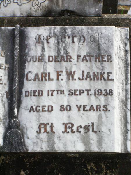 Ida F.W. JANKE, wife mother,  | died 21 April 1934 aged 72 years;  | Carl F.W. JANKE, father,  | died 17 Sept 1938 aged 80 years;  | Ropeley Immanuel Lutheran cemetery, Gatton Shire  |