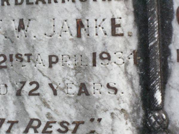 Ida F.W. JANKE, wife mother,  | died 21 April 1934 aged 72 years;  | Carl F.W. JANKE, father,  | died 17 Sept 1938 aged 80 years;  | Ropeley Immanuel Lutheran cemetery, Gatton Shire  |