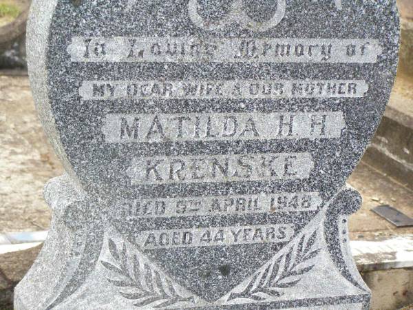 Matilda H.H. KRENSKE, wife mother,  | died 9 April 1948 aged 44 years;  | Ropeley Immanuel Lutheran cemetery, Gatton Shire  |