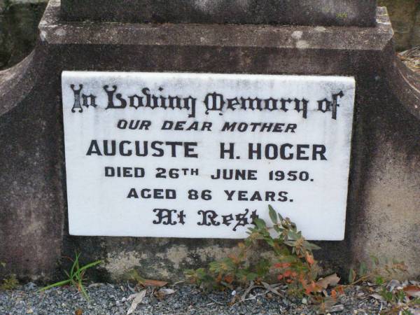 Friedrich A. HOGER, husband father,  | died 8 Sept 1948 aged 86 years;  | Auguste H. HOGER, mother,  | died 26 June 1950 aged 86 years;  | Ropeley Immanuel Lutheran cemetery, Gatton Shire  |