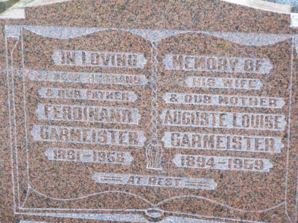 Ferdinand GARMEISTER, husband father,  | d1891 - 1956;  | Auguste Louise GARMEISTER, wife,  | 1894 - 1959;  | Ropeley Immanuel Lutheran cemetery, Gatton Shire  |
