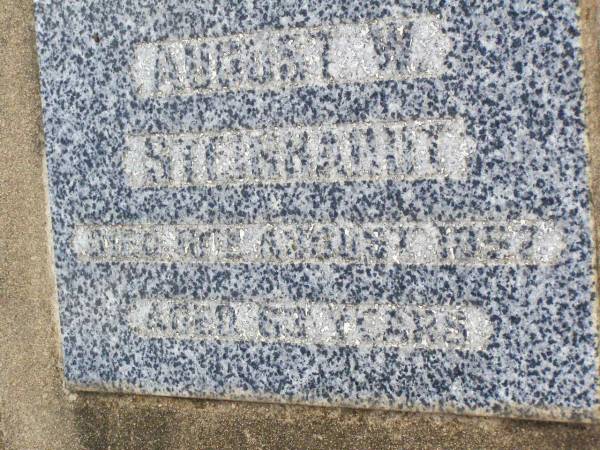 August H. STEINHARDT,  | died 17 July 1951 aged 84 years;  | Maria A.J. STEINHARDT,  | died 18 May 1961 aged 89 years;  | August W. STEINHARDT,  | died 10? August 1952 aged 63 years;  | Ropeley Immanuel Lutheran cemetery, Gatton Shire  |