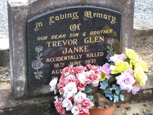 Trevor Glen JANKE, son brother,  | accidentally killed 18 June 1971 aged 21 years;  | Ropeley Immanuel Lutheran cemetery, Gatton Shire  |