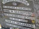 Anne M. DESJARDINS, wife mother,
died 20 July 1958 aged 67 years;
John A.G. DESJARDINS, father,
died 7 July 1978 aged 89 years;
Rosevale St Pauls Lutheran cemetery, Boonah Shire
