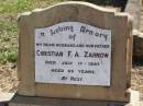 Christian F.A. ZAHNOW, husband father,
died 17 July 1947 aged 69 years;
Rosevale St Pauls Lutheran cemetery, Boonah Shire
