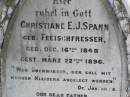 Christiane E.J. SPANN,
nee FLEISCHFRESSER,
born 16 Dec 1848,
died 22 March 1896;
Hermann C.C. SPANN, father,
died 6 May 1968 aged 85 years;
Rosevale St Pauls Lutheran cemetery, Boonah Shire