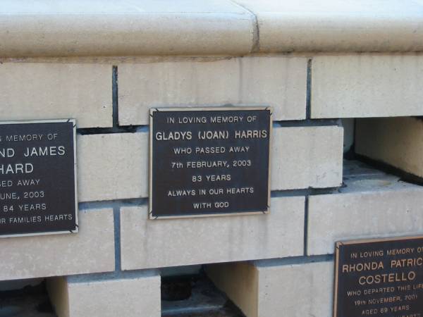 Gladys (Joan) HARRIS  | 7 Feb 2003 aged 83  |   | Sacred Heart Catholic columbarium, Sandgate, Brisbane  |   | 