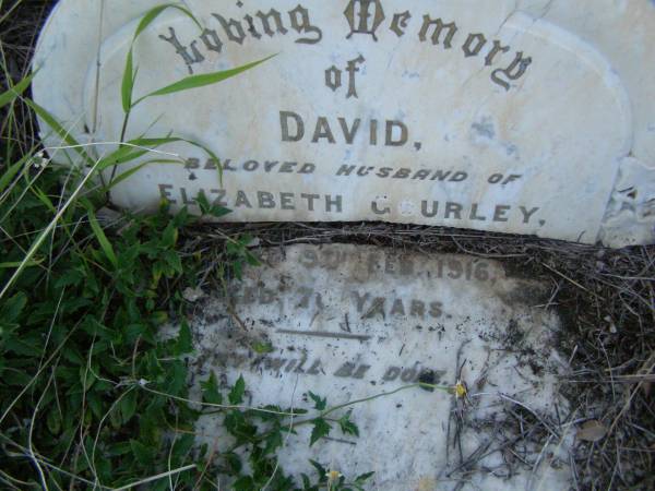 David,  | husband of Elizabeth GOURLEY,  | died 9 Feb 1916 aged 70 years;  | Bald Hills (Sandgate) cemetery, Brisbane  | 