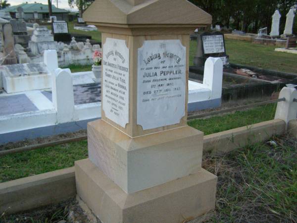 Julia PEPPLER,  | wife mother,  | born Hagenow Germany 5 May 1857,  | died 27 Aug 1927;  | Eric Amadeus Frederick,  | husband of Fanny Julia TIDD,  | father of Norma,  | born Kogarah NSW 16 March 1892,  | accidentally killed 15 April 1927;  | Arthur CORTEN,  | ??? of Paul & Julia PEPPLER,  | born 19 Sept 1914,  | died 18 Feb 1918;  | Bald Hills (Sandgate) cemetery, Brisbane  | 