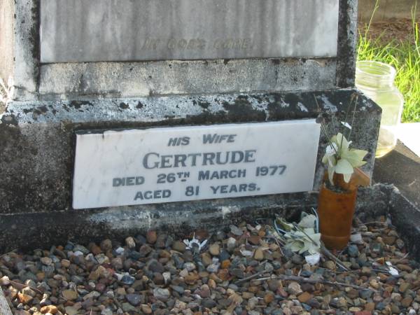 George BUCHANAN,  | husband father,  | died 4 Dec 1940 aged 54 years;  | Gertrude,  | wife,  | died 26 March 1977 aged 81 years;  | Bald Hills (Sandgate) cemetery, Brisbane  | 