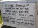 Warrington E. HATTEN,
son brother,
died 12 March 1930 aged 4 years;
Bald Hills (Sandgate) cemetery, Brisbane