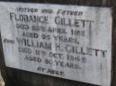 Florance GILLETT,
mother,
died 28 April 1918 aged 56 years;
William H. GILLETT,
father,
died 11 Oct 1945 aged 80 years;
Bald Hills (Sandgate) cemetery, Brisbane