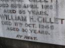 Florance GILLETT,
mother,
died 28 April 1918 aged 56 years;
William H. GILLETT,
father,
died 11 Oct 1945 aged 80 years;
Bald Hills (Sandgate) cemetery, Brisbane