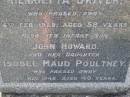 Henrietta DRIVER,
mother,
died 6 Feb 1929 aged 58 years;
John Howard,
infant son;
Isobel Maud POULTNEY,
daughter,
died 18 May 1946 aged 40 years;
Bald Hills (Sandgate) cemetery, Brisbane