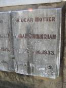 Charles CUNNINGHAM,
father,
died 13 Nov 1918 aged 67 years;
Hannah CUNNINGHAM,
mother,
died 12 Aug 1933 aged 71 years;
Bald Hills (Sandgate) cemetery, Brisbane