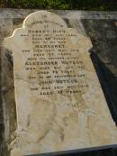 Robert KIFT,
died 10 Aug 1885 aged 62 years;
Margaret,
wife,
died 28 May 1912 aged 77 year;
Alexander WATSON,
brother-in-law,
died 2 Jan 1907 aged 73 years;
John WATSON,
brother-in-law,
died 24 Nov 1914 aged 77 years;
Bald Hills (Sandgate) cemetery, Brisbane