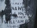 parents;
William J. WEBBER,
died 25-9-1919;
Anna WEBBER,
died 8-10-1941;
children;
Herbert W.,
died 1-7-1887;
William E.,
died 25-11-1938;
Cecilia A.,
died 21-4-1895;
Aaron Joseph,
died 11-3-1940;
Bald Hills (Sandgate) cemetery, Brisbane