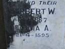 parents;
William J. WEBBER,
died 25-9-1919;
Anna WEBBER,
died 8-10-1941;
children;
Herbert W.,
died 1-7-1887;
William E.,
died 25-11-1938;
Cecilia A.,
died 21-4-1895;
Aaron Joseph,
died 11-3-1940;
Bald Hills (Sandgate) cemetery, Brisbane