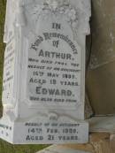sons of William & Mary STANLEY;
Arthur,
died from an accident 16 May 1899 aged 19 years;
Edward,
died from an accident 14 Feb 1909 aged 21 years;
Willie,
eldest son,
died 1 March 1917 aged 42 years;
Maude Eveline FARLEY,
third daughter,
died 25 May 1969 aged 86 years;
William,
husband of Mary STANLEY,
died 8 March 1919 aged 67 years;
Mary Ann STANLEY,
wife mother,
died 26 July 1951 aged 97 years;
Bald Hills (Sandgate) cemetery, Brisbane