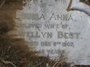 Louisa Anna,
wife of Lewellyn BEST,
died 9 Dec 1907 aged 49 years;
Bald Hills (Sandgate) cemetery, Brisbane