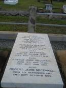 Amelia Elizabeth,
wife of John MCCONNEL,
of Durundur,
born 3 Dec 1827,
died 2 June 1877;
Elizabeth BUNTING,
mother,
born 7 Sept 1792,
died 1 July 1877;
John MCCONNEL,
born 3 Oct 1806
died 27 Jan 1899;
Arthur John MCCONNEL,
born 17 May 1856,
died 20 June 1937;
Robert John MCCONNEL,
born 5 Sept 1910
died 22 Oct 1999;
Bald Hills (Sandgate) cemetery, Brisbane