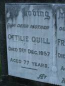 Ottilie QUILL,
mother,
died 9 Dec 1957 aged 77 years;
Frederick QUILL,
father,
died 24 Sept 1940? aged 53 years;
Victor Frederick QUILL,
lost Halkin disaster 23 July 1960 aged 49 years;
Bald Hills (Sandgate) cemetery, Brisbane