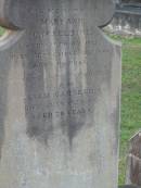 James CARSELDINE,
died 2 March 1902 aged 57 years;
Janet CARSELDINE,
wife,
died 28 Dec 1907 in 59th year;
Arthur Edwin CARSELDINE,
died 14 July 1908 aged 21 years 2 months;
Eva CARSELDINE,
sister,
died 25 July 1942 aged 61 years;
Mary Ann CARSELDINE,
born 6 June 1812,
died 18 Sept 1880 aged 68 years;
William CARSELDINE,
died 6 July 1886 aged 70 years;
Bald Hills (Sandgate) cemetery, Brisbane