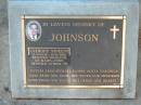 Anthony Vincent JOHNSON,
13-5-1948 - 21-8-2001,
husband of Mary-Anne,
father of Jacinta, Liam, Michael, Eamon,
Alicia & Veronica;
Bald Hills (Sandgate) cemetery, Brisbane