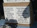 Pearl Gertrude BATES,
wife mother,
died 10 April 1954 aged 57 years;
Henry BATES,
Pearls husband,
father grandfather great-grandfather,
died 26 Aug 1977 aged 82 years;
Bald Hills (Sandgate) cemetery, Brisbane