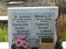 Kathleen Alice GLOVER,
mother sister,
died 8 Dec 1999 aged 86 years;
Hannah Eliza LOWRY,
mother
died 19 Jan 1948 aged 59 years;
Bald Hills (Sandgate) cemetery, Brisbane
