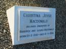 Roderick MACDONALD,
born Benbecule Uist Inverness Shire 23 Oct 1861
died Brisbane 4 Feb 1940 aged 78 years;
Louisa Maria,
wife,
died Brisbane 5 Oct 1967 aged 98 years;
Christina Jessie MACDONALD,
daughter of Roderick & Louisa MACDONALD,
born 23-2-1902,
died 10-4-1994;
Bald Hills (Sandgate) cemetery, Brisbane