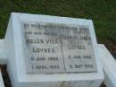 Helen Vida LOYNES,
wife mother,
11 June 1888 - 1 April 1943;
Francis James LOYNES,
father,
5 June 1882 - 4 Sept 1952;
Mavis DOBBINS,
wife,
12-10-1930 - 18-8-1996;
John James DOBBINS,
dad granddad,
27-1-1920 - 23-9-2003;
remembered by Kevin, Edwin, Kathryn, Maggie & Graham;
Bald Hills (Sandgate) cemetery, Brisbane