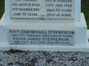 James STEPHENSON,
husband father,
died suddenly 10 Dec 1930 aged 73 years;
Ann Jane STEPHENSON,
mother,
died Sandgate 23 June 1948 aged 88 years;
Percy John Worrall STEPHENSON,
died 6 Feb 1950 aged 61 years;
Oscar James STEPHENSON,
died 23 July 1966 aged 80 years;
Bald Hills (Sandgate) cemetery, Brisbane