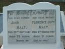 Albert Ernest (Jim) MALT,
son of John & Lucy MALT,
brother,
died 17-4-1991 aged 81 years;
Charles Frederick (Boy) MALT,
died 14-6-1992 aged 86 years;
Francis (Frank) George MALT,
son of John & Lucy MALT,
died 9-5-2004 aged 83 years;
John MALT,
father,
died 29 Sept 1947 aged 73 years;
Florence Lucy MALT,
mother,
died 6 March 1955 aged 71 years;
Norman Leslie MALT,
husband father,
died 2 July 1976 aged 42 years;
William Henry MALT,
husband father,
died 18 Jan 1953 aged 45 years;
Florence Evelyn DUNN,
daughter of John & Lucy MALT,
died 16? July 1995 aged 80 years;
Bald Hills (Sandgate) cemetery, Brisbane