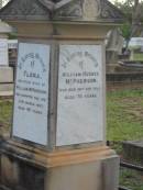 Flora,
wife of William MCPHERSON,
died 23 March 1907 aged 68 years;
William Hughes MCPHERSON,
died 26 Sept 1909 aged 70 years;
Bald Hills (Sandgate) cemetery, Brisbane