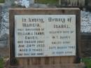Marcia,
only daughter of William & Isabel DAVEY,
died 28 June 1933 aged 9 years;
Isabel,
wife of W.T. DAVEY,
died 24 March 1942;
Bald Hills (Sandgate) cemetery, Brisbane
