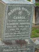 George,
husband of Elizabeth JOHNSTON,
died 14 APril 1917 aged 78 years;
Elizabeth JOHNSTON,
died 28 Sept 1924 aged 86 years;
Eliza Jane,
daughter,
died 19 Aug 1920 aged 50 years;
Bald Hills (Sandgate) cemetery, Brisbane