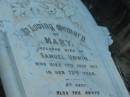 Eliza Ann BUNDY,
mother,
died 27 Sept 1937 aged 64 years;
Mary,
wife of Samuel UNWIN,
died 17 July 1917 in 72nd year;
Samuel UNWIN,
died 8 Feb 1920 in 74th year;
Ellen Henrietta,
wife of late Frank DAY,
died 9 Jan 1932 aged 44 years;
Margaret Dothorty,
wife of David UNWIN,
died 14 Jan 1915? aged 39 years;
Elizabeth Virtue UNWIN,
died 20 June 1949 aged 72 years;
Bald Hills (Sandgate) cemetery, Brisbane