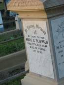 Mads C. PETERSEN,
faher,
died 17 July 1946 aged 91 years;
Lilley,
daughter of M.C. & M. PETERSEN,
died 4 May 1916 in 25th year;
Matilda PETERSEN,
wife mother,
died 17 Oct 1934 aged 75 years;
Bald Hills (Sandgate) cemetery, Brisbane