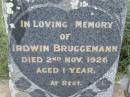 Irdwin BRUGGEMANN,
died 2 Nov 1926 aged 1 year;
Silverleigh Lutheran cemetery, Rosalie Shire