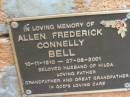 
Allen Frederick BELL,
10-11-1910 - 27-08-2001,
husband of Hilda,
father grandfather great-grandfather;
Slacks Creek St Marks Anglican cemetery, Daisy Hill, Logan City
