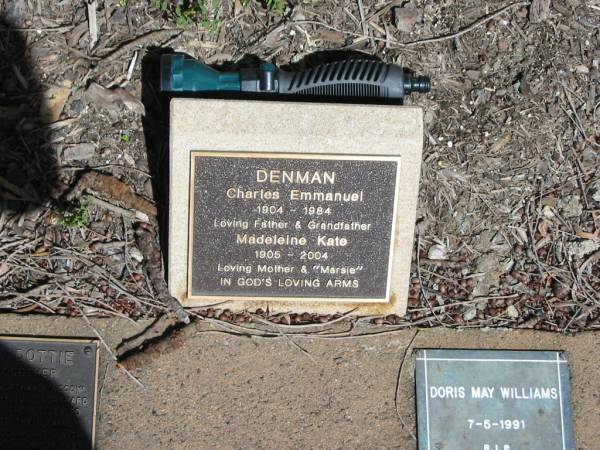 DENMAN  |   | Charles Emmanuel 1904 to 1984  | Madeleine Kate 1905 to 2004  |   | St Margarets Anglican memorial garden, Sandgate, Brisbane  |   | 